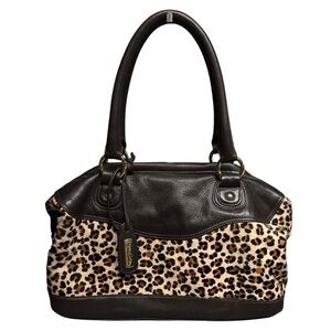 Zina Eva | Genuine Leather and Calf Hair Fur Leopard Print Satchel Shoulder Bag